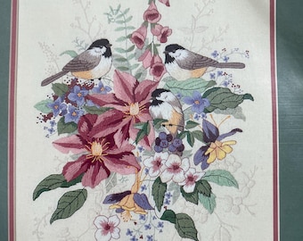 Sunset Crewel Kit 11079 Chickadees & Wildflowers Songbirds by Cyndy Callog 11" x 14" Wool Embroidery Thread Design Printed on Fabric VA