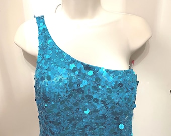 Vintage Scala Peacock Blue Maxi Length Party Dress Full Sequin Dress Sleeveless One Shoulder Asymmetrical Bodycon Size 6