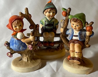 U Pick Vintage Goebel M J Hummel Ceramic Figurine German Little Apple Tree Girl Boy Sitting On Fence with Bird