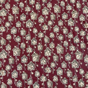 Vintage Cuckoo Clock Printed Pattern Fabric Burgundy Red & Tan - One Yard