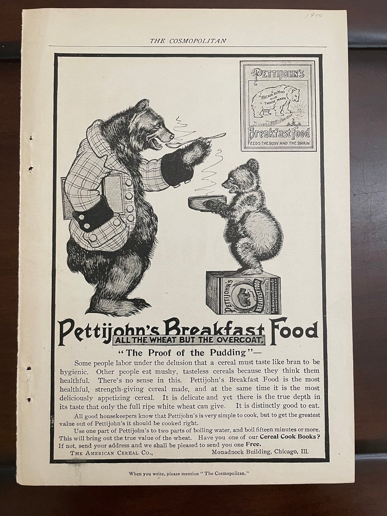 Vintage 1900 The Cosmopolitan Pettijohn's Breakfast Food Ad from the American Cereal Co Black and White Print SINGLE One Page Bears image 1