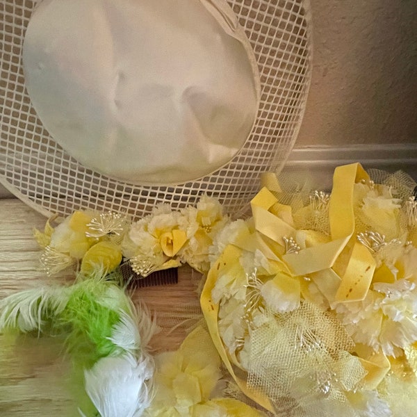 U Pick Vintage 1970s 60s Era Hat Headband - Wedding Yellow White Bouquet and Hair Comb OR Neon Green White Feather Headband OR White Brimmed