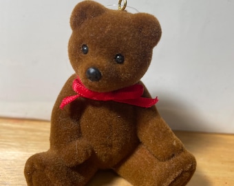 Vintage Dept. 56 Flocked Sitting Teddy Bear Red Ribbon Bow Approx. 2.75"