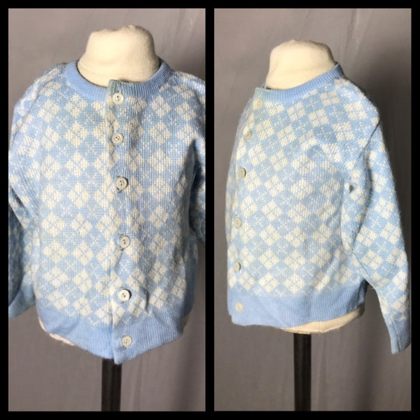 Vintage Pandorable Baby Boy's Blue & White Argyle Orlon Acrylic Knit Cardigan Sweater - Size Estimate 24 Months