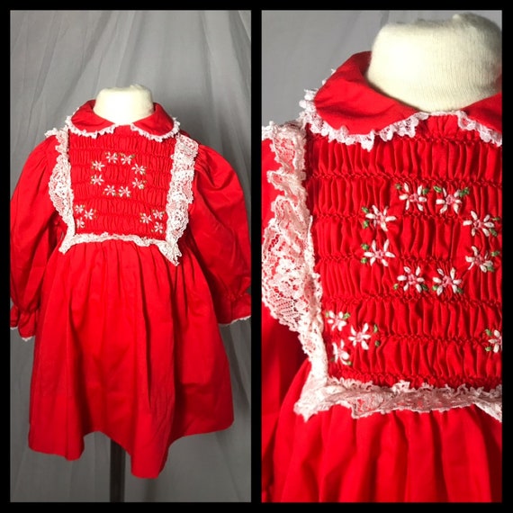 Vintage Baby Girls Polly Flinders Red Smocked Dre… - image 1