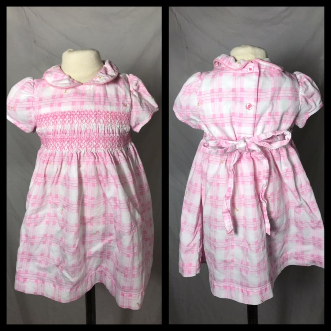 Laura Ashley All Cotton Smocked Bodice Pink Plaid Baby Girls Dress Has