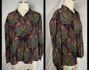 Vintage 1980s Era I.Magnin La Chine Classic Button Front Blouse Concealed Placket Long Gathered Sleeves Shoulder Pads Bold Paisley Size 14