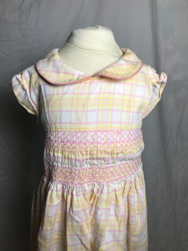 Laura Ashley Little Girl\u2019s 100/% Cotton Pink Lemonaid Plaid Summer Dress with Smocked Waist and Ruffled Cap Sleeve Size 6