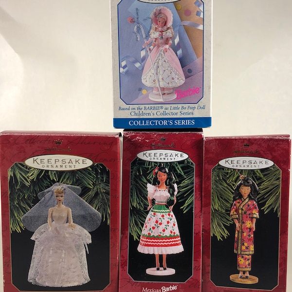 Hallmark Keepsake Ornament 1990s Barbie Choose Wedding Day, Dolls of the World Mexico or China & Little Bo Peep from Children's Series