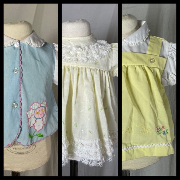 U Pick Vintage 60s 70s Infant's Dress Top Buttoned Blue Peter Pan Yellow Calico Lace Trim Mock Jumper Style "Grandpa Loves Me" ~ 6 - 12 Mos