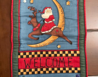 Handmade Quilted Santa Wall Hanging Reindeer Over a Crescent Moon