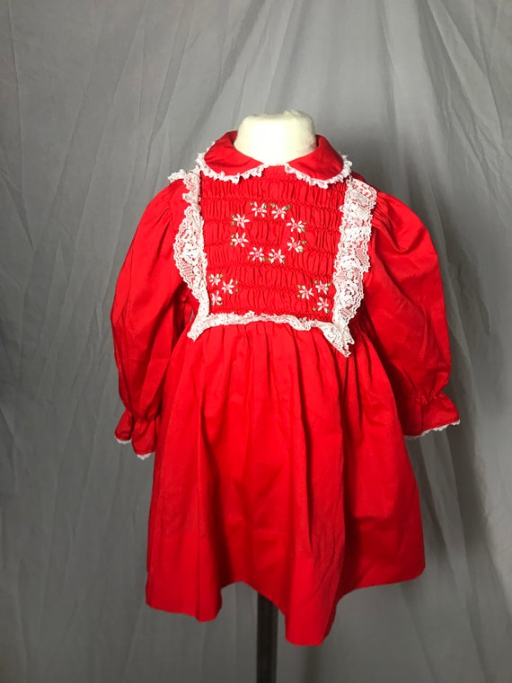 Vintage Baby Girls Polly Flinders Red Smocked Dre… - image 2