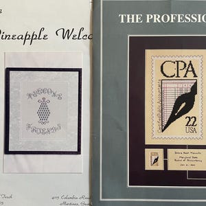 May include: A cross-stitch pattern for a framed piece of art featuring a pineapple with the text "Welcome Friends". The pattern is titled "Pineapple Welcome" and is presented by Lynnyr.