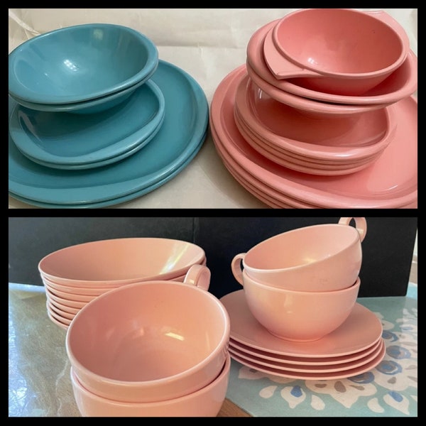 U Pick Vintage 1940s 1950s Melamine Dishware Boontonware Set Pink Plates Bowls 11 Pieces OR Blue Set 6 Pieces OR Pink 16 Plates Bowls Cups