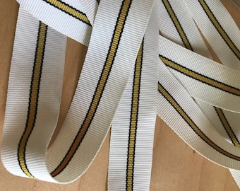 Vintage Striped Grosgrain Ribbon White Cream with Black and Tan Yellow Center Stripe Narrow Contrast - 7/8" by 5 Yards