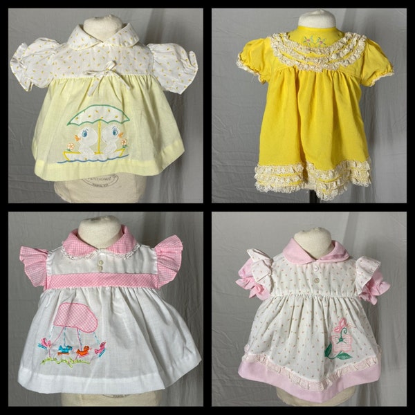 U Pick Vintage 1960s 70s Era Infant Baby Girl Summer Dress 0-3 Months Embroidered Ducks Appliqie Flowers Lace Trim Pink and Yellow Calico
