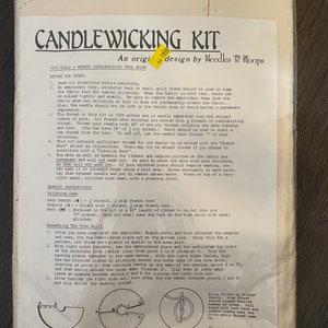 May include: Candlewicking kit instructions for a tree skirt with a French knot design. The instructions include diagrams and a list of materials needed for the project. The kit is designed by Needles 'n' Hoops Co.