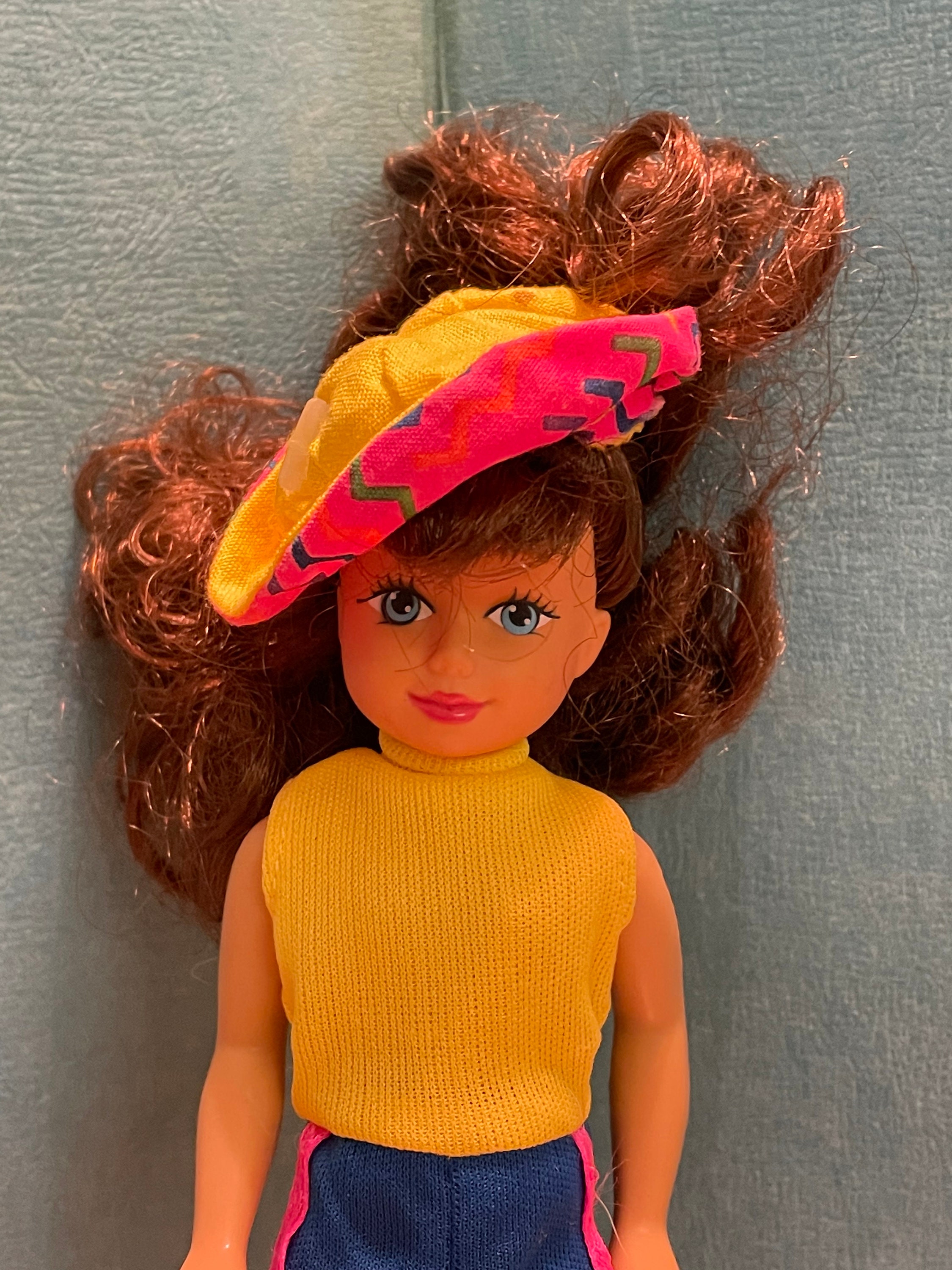 Vintage 1990s 1992 Kid Kore Plastic Doll Brown Curly Hair Yellow