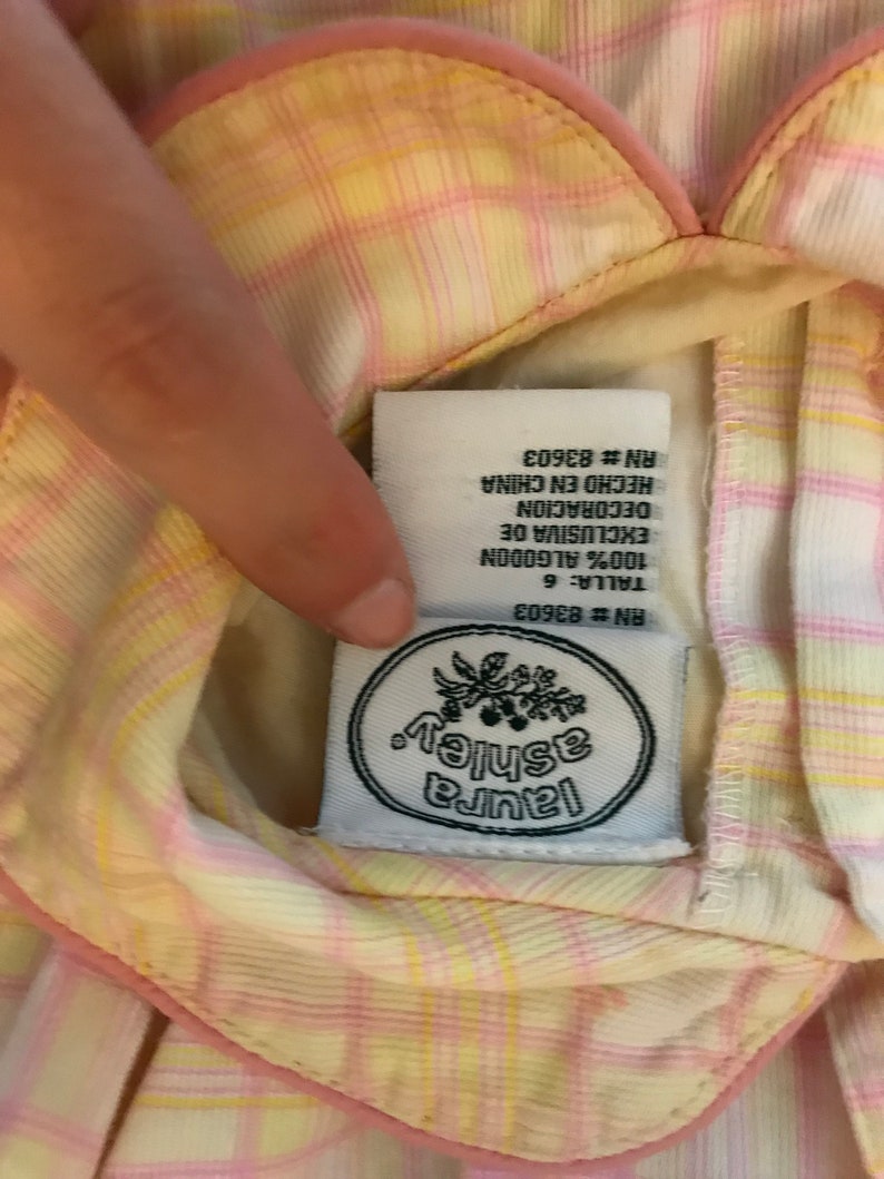 Laura Ashley Little Girl\u2019s 100/% Cotton Pink Lemonaid Plaid Summer Dress with Smocked Waist and Ruffled Cap Sleeve Size 6