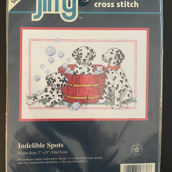 1990s Vintage Sunset Jiffy Counted Cross Stitch Kit No. 16636 Indelible Spots Three Dalmation Puppies Taking a Bath 7" x 5" - NOS - VA