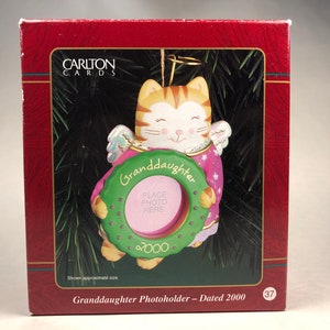 Vintage 2000 2000s Christmas Ornament Carton Cards Granddaughter Photoholder Cat Angel Holding Wreath 4" Tall - Photo Picture Slot