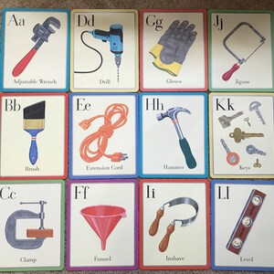 eeBoo Hardware Store Alphabet Cards Wall Art - Sets of 2 or 3 - Laminated Cards Illustrated by Lizzy Rockwell - Tools Workshop 8&quot; x 10&quot;