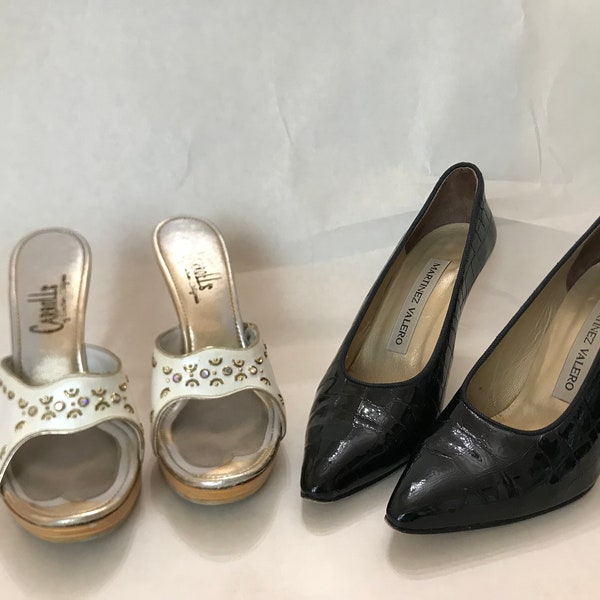 U Pick Vintage Womens Shoes - Martinez Valero Black Snake Skin ~3.5" Tall High Heels Pointed Toes Size 9 OR Carroll's Open Toe White 7.5