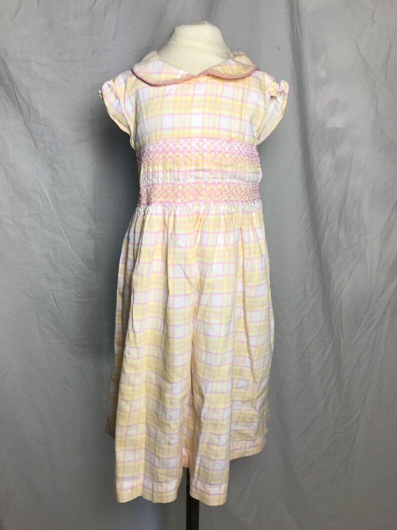 Laura Ashley Little Girl\u2019s 100/% Cotton Pink Lemonaid Plaid Summer Dress with Smocked Waist and Ruffled Cap Sleeve Size 6