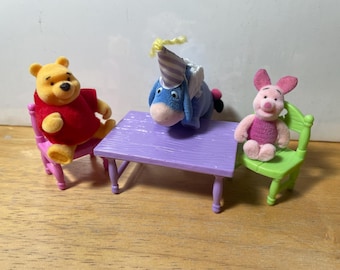 Vintage Disney Friendly Places Winnie the Pooh Piglet & Eeyore Mini Figures Soft Flocked Jointed with Table and Chairs