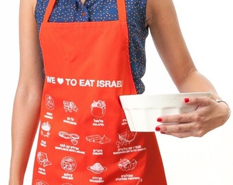 We Love to Eat Israeli foods cotton mix kitchen apron with straps jewish home decor sewn is Israel summer apron