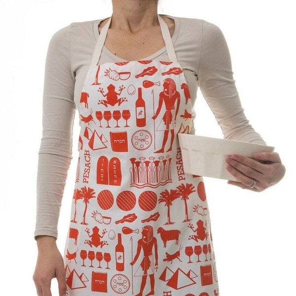 Barbara Shaw Pharaoh Print icons of Passover orange and white unique cotton Apron great pesach gift handmade in Jerusalem