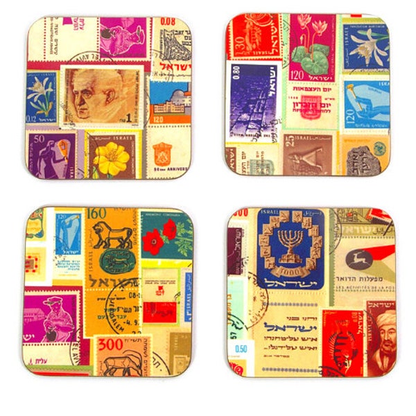 Vintage Israeli stamps Wood composite coasters, Set of 4, cool Coffee table coasters, unique table decor, Great Housewarming gift