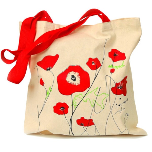 Tote Bag - Kalaniot (Wild Anemones) flower of Israel Handmade canvas tote bag, 15x15 in off white tote bag