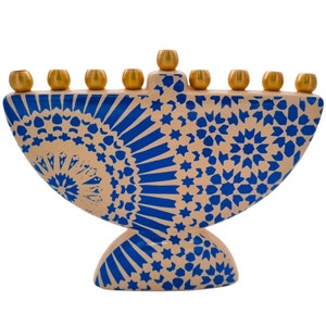 Jerusalem pattern light blue Porcelain Hanukkah menorah with original brass cups