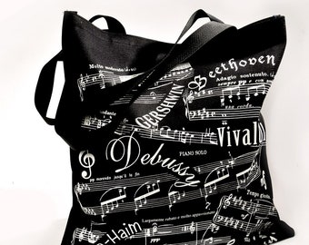 Original Black Music tote bag Medium weight Cotton  Sturdy Musical Tote Bag, Hand printed and sewn in Jerusalem great gift for music lovers