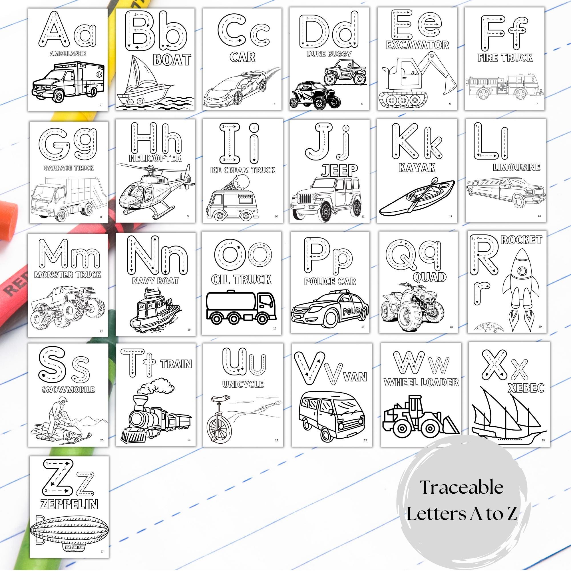 ABC Vehicles Coloring Book: Traceable Alphabet Letters (PDF Pattern) - Etsy