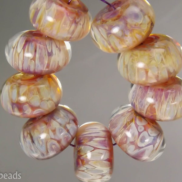Boro beads, (qty 9) Lampwork Glass Bead Set, light pink base with cream frit, SRA artisan beads ---  #181