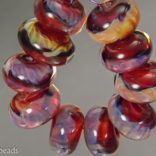 Boro beads, (qty 10) Lampwork Glass Bead Set, Deep red base and mauve accents,  SRA artisan beads  ---  #175