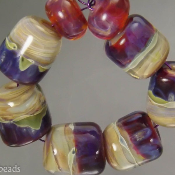 Boro beads, (qty 8) Lampwork Glass Bead Set, Tan swirl base with purple accents   SRA Artisan beads ---  #193