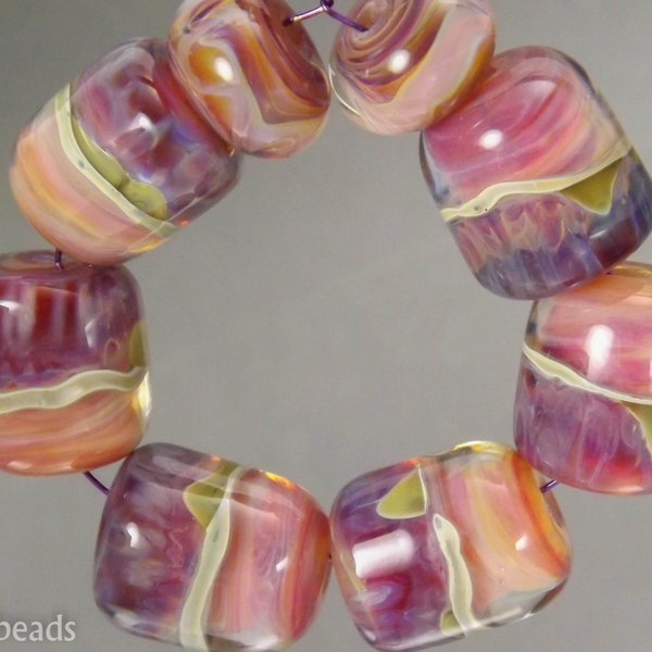 Boro beads ,(qty 8) Lampwork Glass Bead Set, Blush peach and red-violet  SRA Artisan beads ---  #197