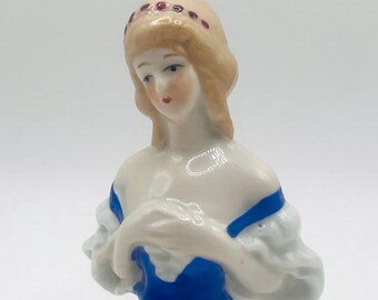 Antique German porcelain half doll miniature girl with blue lace dress collectable art bear collectible gift for women