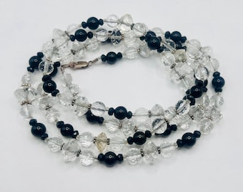 Vintage 925 sterling silver glass crystal beaded long necklace 38 inches chain black and white glass beaded cute jewelry gift for women