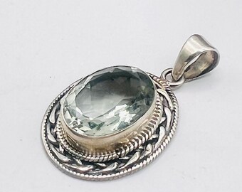 Vintage green Amythest pendant 925 Sterling Silver large faceted prasiolite gemstone jewelry gift for women
