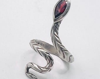 Silver garnet serpent ring 925 sterling silver finger wrap ring vintage jewelry gift for women