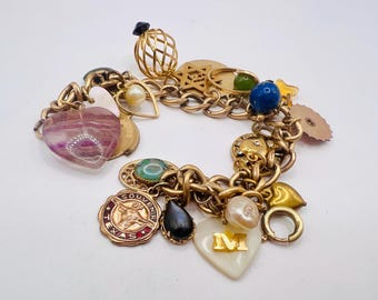 Vintage gold-filled charm bracelet Mid-century gemstone hearts charm gold filled tag pearls collectable gold plate charms jewelry gift