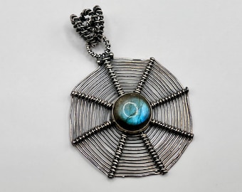 Halloween spiderweb pendant vintage 925 sterling silver statement necklace blue labradorite wire wrapped jewelry gothic jewelry gift