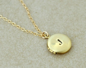 TINY INITIAL LOCKET delicate gold filled everyday wear minimalist necklace with vintage personalized initial letter  raw brass locket
