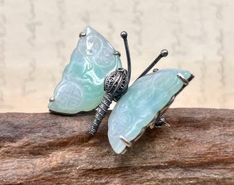 925 sterling silver butterfly brooch pin vintage light green jadeite collectable jewelry gift for women