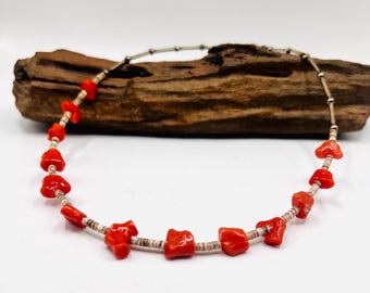 Navajo Red coral heishi shell choker necklace vintage Native American 925 sterling silver red coral branch liquid silver beaded necklace