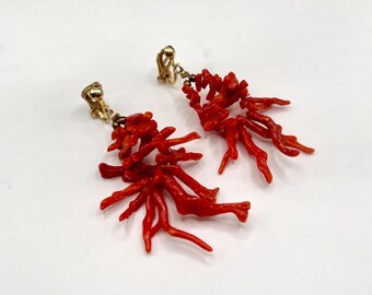 Vintage natural red coral branch clip on earrings large statement earring organic formed red coral jewelry gift for women